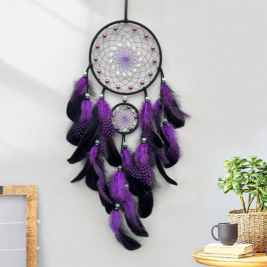 1pc Handmade Glow-In-The-Dark Dream Catcher, Luminous Wall Decor, Creative Fluorescent Bead Home Decoration, Christmas Ornament, Artificial Feather Hanging Accessory - Multicolor - View 1