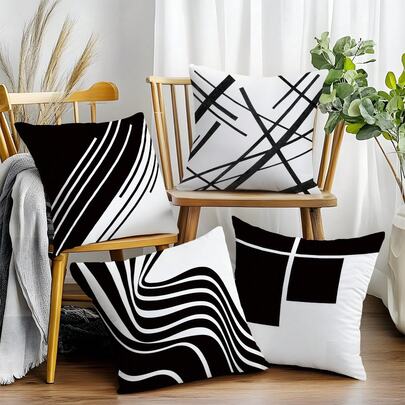 MEMNUN 4 fundas de almohada con estampado geométrico abstracto en blanco y negro [sin relleno], 17.7*17.7in(45*45cm)/19.69*19.69in(50*50cm)/15.75*15.75in(40*40cm), [impresión de un solo lado], fundas de almohada de poliéster minimalistas modernas para sofá, cama, sala de estar, dormitorio, coche, oficina, decoración de hotel, regalo perfecto para familiares y amigos, para todas las estaciones