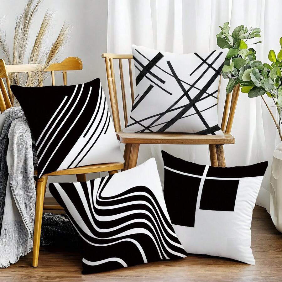 MEMNUN 4 件装黑白抽象几何条纹印花抱枕套【不含枕芯】,尺寸分别为 17.7*17.7 英寸(45*45 厘米)/ 19.69*19.69 英寸(50*50 厘米)/ 15.75*15.75 英寸(40*40 厘米),【单面印花】,现代简约涤纶抱枕套,适用于沙发、床、客厅、卧室、汽车、办公室、酒店装饰,是馈赠亲友的完美礼物,四季皆宜。 - 彩色 - 查看 1