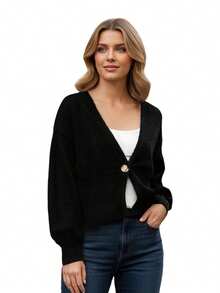 Women's Autumn Sweater Cardigan Long Sleeve V Neck One Button Solid Color Knitwear - Black - View 6