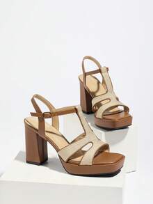 Giày sandal cao gót nữ mùa xuân/hè, thiết kế quai chữ T phối màu, gót cao màu nâu thoải mái với mũi vuông, đế dày, hở mũi, khóa cài, gót chunky, đa năng cho các dịp thường ngày, dự tiệc và thanh lịch. - màu nâu - Xem 6