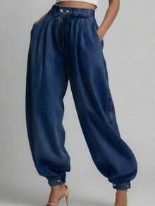 女士休闲宽松阔腿褶皱卷边薄款牛仔裤，春秋 - 深藍 - 查看 3