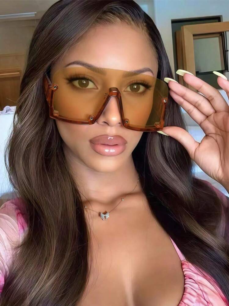 1pc Large Frame Studded Solid Shield Wrap Around Rimless Y2K Christmas Party Rock Street Chic Stylish Fashion Glasses, Fashionable Accessory For Autumn/Winter - Multicolor - View 9