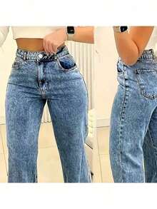 Quần jeans nữ ống đứng dáng rộng có túi, đa năng, thích hợp cho mùa xuân. - Rửa trung bình - Xem 3
