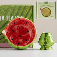 Cabin Kangaroo 1 Set Hand-Painted Watermelon Matcha Bowl Tea-Making Tool Set, Ceramic Chasen, Matcha Whisking Tools, Salad Bowl With Spout, Combined Set Of Tea-Making And Salad Utensils, Matcha Foam, Unique Salad Bowl, Exquisitely Designed Salad Bowl, Unique Tea-Making Set, High-Quality Ceramic Chasen
