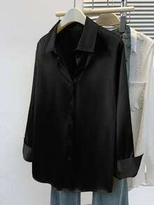 Áo sơ mi công sở bằng satin dành cho nữ, kiểu dáng cài khuy cổ ve áo, phù hợp cho các dịp chuyên nghiệp, thanh lịch cho văn phòng và ở nhà, áo tay dài cho mùa thu, đông và xuân, màu đen. - màu đen - Xem 3