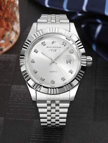 RICECGO 1 件男士商务石英表，奢华时尚男士腕表，带夜光双日历显示，不锈钢表带，适合日常佩戴，是情人节或生日送给男士的理想礼物 - 銀色 - 查看 16