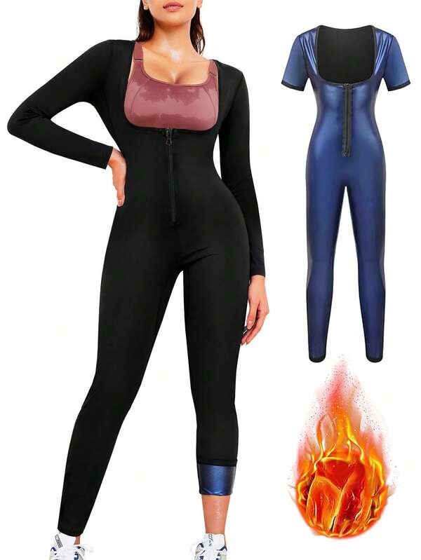 1pc 2025 New 4-In-1 Sauna Fitness Shaping Jumpsuit, Women's Exclusive Yoga Sauna Weight Loss Set: Solid Color Minimalist High Waist Shaping Long Sleeve Jumpsuit, Slim Fit Cropped Lifting Pants, Paired With Abdominal Fat Burning Training Tank Top, Comprehensive S-Curve Sculpting. The Perfect Fusion Of Athletic Fitness And Fashionable , Allowing You To Exude Confidence And Radiant Charm In Every Sweat-Drenched Workout! Extreme Shaping, A Of Fat Burning!