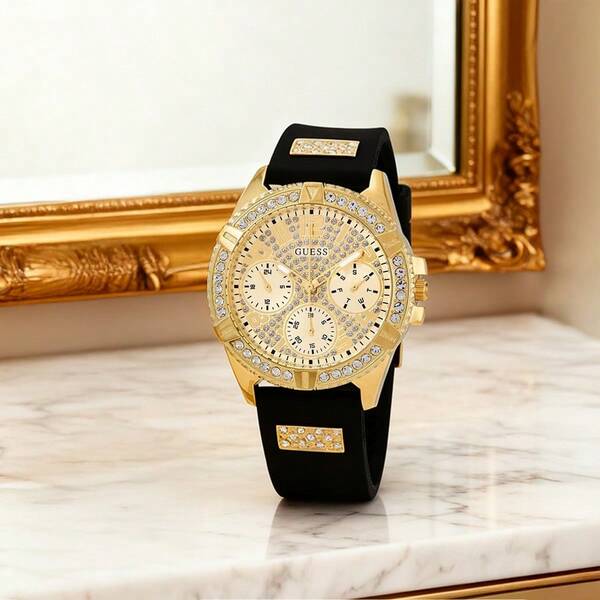 Guess Reloj para hombres Frontier W1160L1 Reloj de cuarzo casual de lujo con correa de silicona para mujer Esfera redonda dorada con calendario de día/fecha Reloj de moda para mujer apto para uso diario, cena, citas y como regalo de cumpleaños para la novia