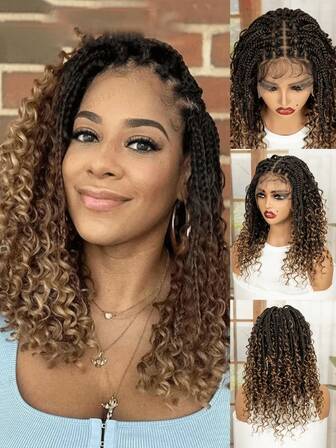 [Regalo navideño] Peluca trenzada bohemia cuadrada de 16 pulgadas, peluca trenzada bohemia de encaje completo, cabello rizado sintético con pelito, adecuado para mujeres