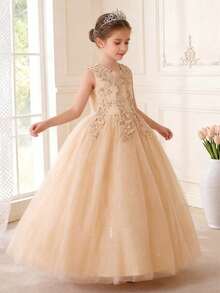 Tween Girl Floral Appliques Bow Back Mesh Overlay Party Dress