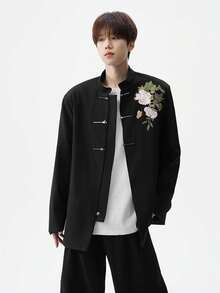 New Chinese Style National Style Peony Flower Embroidery Stand Collar, Stiff And High-Quality Suit Jacket, Men's Engagement Suit - màu đen - Xem 4