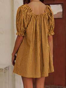 Puff Sleeve Babydoll Mini Dress Square Neck Floral Bubble Sleeve Short Dress Womens Cute Polka Pot Micro Dresses Y2k - Yellow - View 6