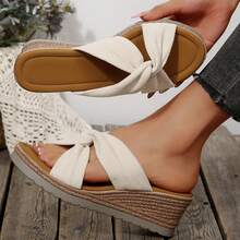 Summer Travel Wedges Heels Women's Sandals Bow-Knot Flats Wear-Resistant Beach Slippers Shoes Platform Sandals Outdoor Beach Walking - 米色 - 查看 3