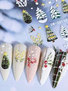 2 Peças de Adesivos de Arte de Unhas com Relevo de Padrão de Folhas de Natal de Inverno - Design de Arte DIY para Árvore de Natal de Inverno, Natal, Ano Novo, Galhadas de Veado, Folhas de Flores e Luzes de Estrela, Adequado para Uso Diário, Casamento e Feriados de Mulheres, Adesivos de Unhas Descartáveis, Estilo de Tema Cartoon, Fofo, Fácil de Colar, Decoração de Salão de Beleza