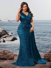 女士加大码优雅高品质亮片串珠修身 V 领无袖优雅高端鸡尾酒正式晚礼服，性感 V 背奢华美人鱼舞会礼服（重度装饰） - 水鴨藍 - 查看 6