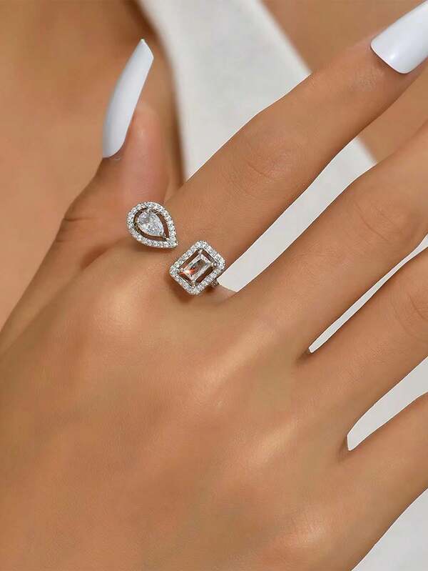 1 Peça Anel Aberto de Cobre Luxuoso e da Moda com Micro Incrustação de Zircônia, Elegante Qualidade Ajustável para Mulheres, Adequado para Casamento, Festivais e Eventos