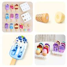 蒙特梭利木制玩具，仿真食物套装，过家家甜点架厨房游戏，冰淇淋冰棒可拆卸角色扮演玩具，培养技能，亲子活动，儿童生日礼物 - 彩色 - 查看 10