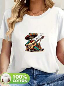 Camiseta casual de mujer, 100% algodón, estampado gráfico moderno, camiseta de manga corta con cuello redondo casual y cómoda, ropa de primavera y verano, adecuada para cualquier ocasión, color sólido, casual, uso diario. - Blanco - Ver 1