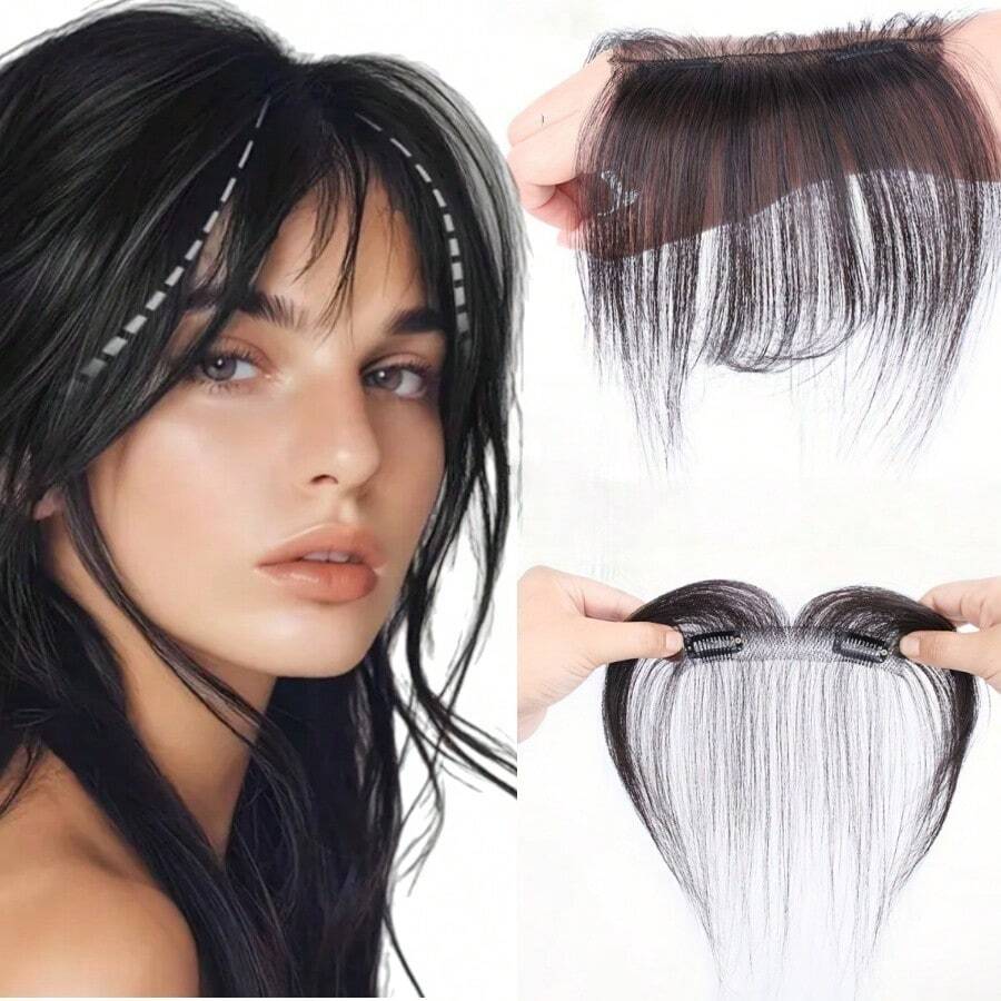 女士真人发夹式刘海和鬓角接发 - 自然造型直发接发，带安全夹，方便佩戴，打造自然发际线和鬓角，增强发际线，打造时尚假发 - 彩色 - 查看 1