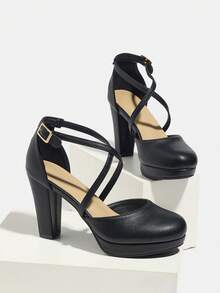 Women's Comfortable Minimalist Solid Color Professional Criss-Cross Strap Black High Heels, Round Toe Platform Thick Sole Closed Toe Buckle Chunky Heel Pumps, Versatile For Work, Office, Party, Elegant
