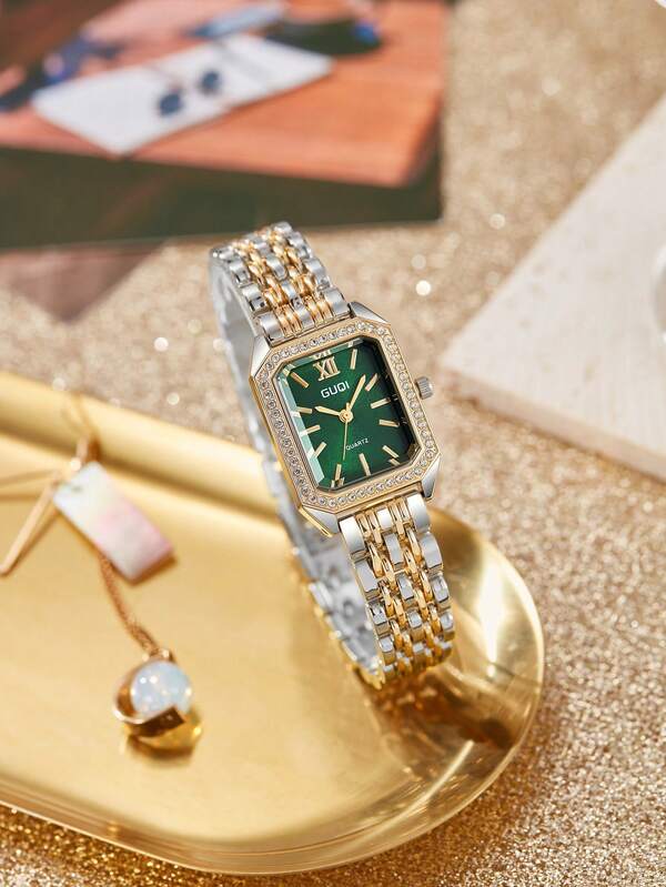 1pc Classic Women's Quartz Watch – Simple Gold Or Silver Stainless Steel Band, Elegant Diamond Accents, Green/White/Black Dial, Waterproof Everyday Analog Watch For Office, Casual, Or Gift Use