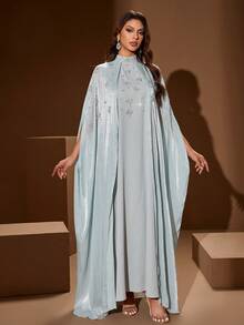 Women's Stand Collar Solid Color 2 In 1 Splice Open Front Sparkling Material Embellished With Rhinestones And Faux Pearls Elegant Maxi Arabic Style Dress, Suitable For Banquet, Daily Wear And Other Occasions Spring - Mint Green - View 3