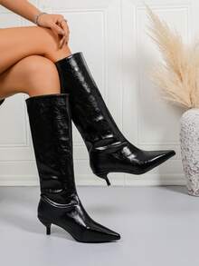 Stivali da donna con suola spessa, stivali alla caviglia casual in stile britannico vintage, tacco chunky, stivali alla caviglia di moda per primavera e autunno, taglie comode - nero - Visualizzare 3