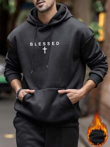 Men's Casual Minimalist Slogan Print Thermal Lined Hoodie Sweatshirt, Autumn/Winter