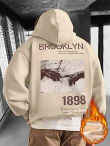 Zrgoth Sudadera con capucha con bolsillo canguro y estampado gráfico con tema de Brooklyn para hombre, estilo callejero, otoño/invierno - Albaricoque - Ver 4