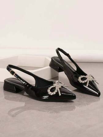 Pointed Toe Elegant High Heel Party Shoes With Buckle, Rhinestone Bow Decor Office Pumps, Women's Rhinestone Decorated Chunky Mid Heel Shoes, Comfortable And Stable - Pointed Toe Ankle High Heel Party Shoes, Black Summer Formal Footwear | Chunky Heel Shoes | Rhinestone Decorated High Heels