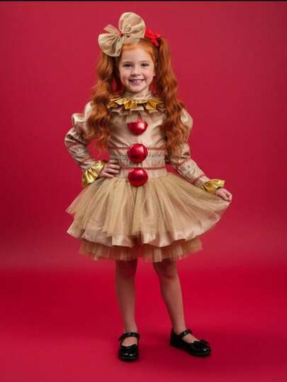 Disfraz infantil de payaso elegante para niña, con tul brillante y detalles dorados, moño incluido, ideal para Halloween, fiestas temáticas o presentaciones – estilo tierno y divertido.