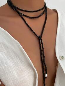 1件波西米亚几何不对称仿珍珠水晶时尚女士长项链，优雅复古日常节日派对百搭珠宝礼物（多种佩戴方式） - 項鍊 - 查看 4