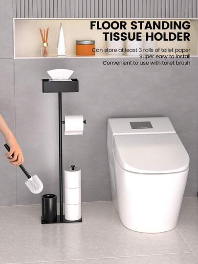 1pc Self-Adhesive Wrought Iron Freestanding Toilet Paper Holder With Storage Shelf & Toilet Brush - Space-Saving Modern Bathroom Organizer, No Drilling Required, Sturdy Construction With Sleek Finish, Minimalist Design For Small Bathrooms