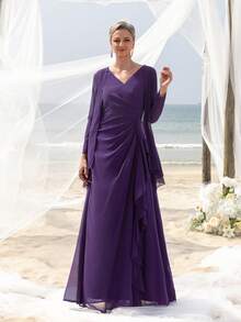 Mother Three-Quarter Sleeve Cardigan-Style 2 In 1 V-Neck Floor-Length Party Gown – Chiffon Ruffled Hem, Form-Fitting Silhouette For Beach Weddings & Upscale Outdoor Events - Purple - View 7