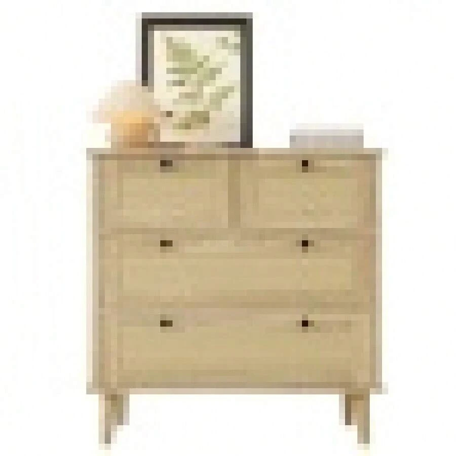 Byrå med fyra lådor, rottinglådor, förvaringsskåp, ben i massivt trä. - 1 - Visa 1