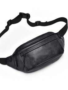 男士纯色斜挎包，多功能胸包，适合日常通勤和街头穿搭 - 黑色 - 查看 4