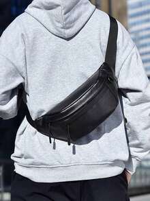 男士纯色斜挎包，多功能胸包，适合日常通勤和街头穿搭 - 黑色 - 查看 2