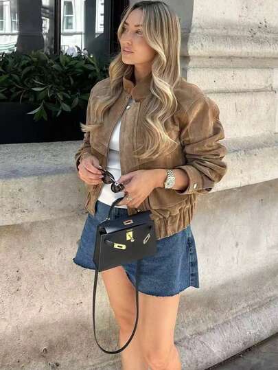 Women's Casual Retro High-End Niche Solid Color Pocket Zipper Jacket, Everyday Wear