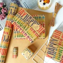 Birthday Wrapping Paper Roll - Vintage Colorful Happy Birthday Brown Kraft Wrapping Paper Jumbo Roll Boys Men Women Girls Kids, 17 X 590 Inches