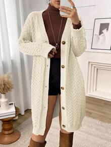 Plus Size Winter Casual Button-Up Long Knit Cardigan - Beige - View 2