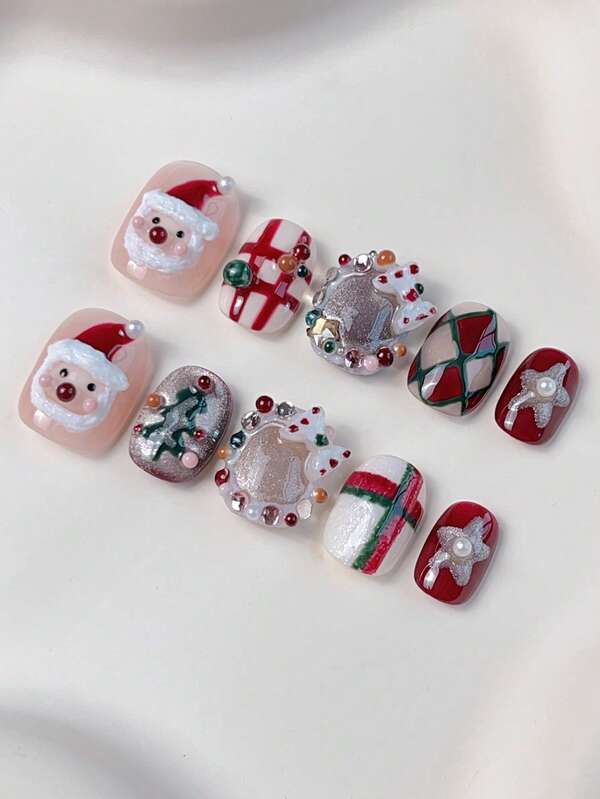 10 Stücke kurze runde Nagel-förmige süße Weihnachtsnägel, gepresste Nägel, handgezeichneter 3D Gips Weihnachtsmann, rotes Gitter mit bunten Perlen, Diamant-verzierter Weihnachtskranz und weiße Schleife, handgezeichnetes Diamant-Gitter, Pentagramm mit weißer Perle, gepresste Nägel, süße Nägel, geeignet für Frauen und Mädchen zum Tragen in verschiedenen Szenarien wie Partys