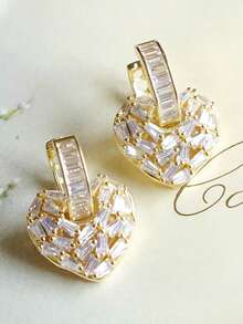 2pcs Luxury Copper Plated Gold Cubic Zirconia Decorated Heart Shaped Earrings For Women, Ideal For Wedding Events Valentine's Day Accessories - Gold - View 4