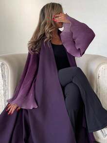 One Piece Fashionable & Minimalist Colorblock Ruffle Sleeve Midi Skirt, Women's Solid Color Middle Eastern Style Long Dress, Elegant Cardigan Robe Robe, Suitable For Daily And Holiday Wear - Violet Purple - View 1