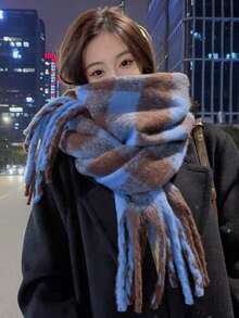 New Plaid Scarf For Women, Thick & Warm, Versatile, Korean Style, Suitable For Students & Couples, Autumn/Winter For Dress - Royal Blue - View 1