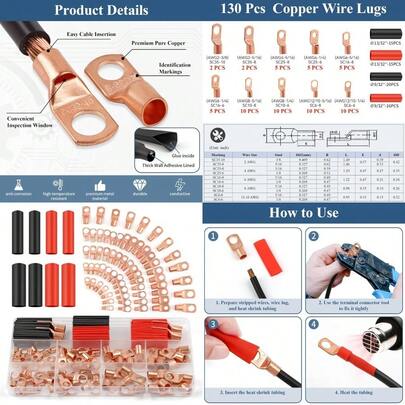 Copper Wire Lugs 130Pcs AWG 2 4 6 8 10 12 Gauge Battery Cable Ends With 66Pcs Heat Shrink Tubing Set 64Pcs Ring Terminals Connectors Assortment Kit For Marine Automotive Cables Appliances