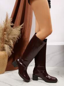 FVPFVP Fall/Winter Forest Bay New Square Toe Chunky Heel Thigh High Elastic Boots, Slim Fit Real Leather Tall Fashion Boots,Burgundy Heels - Coffee Brown - View 4