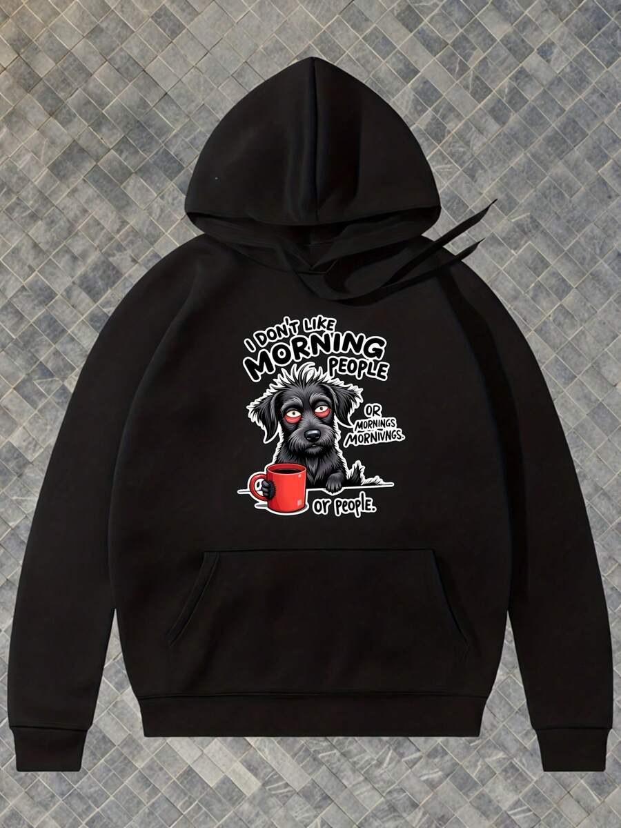 Men S Funny   T Like   Dog &   Mug Graphic Hoodie - Black Retro  -Fit Long Sleeve Sweatshirt With Pocket, Cozy Fall Winter Casual Pullover For Dog Lovers &   Humor - 款式10 - 查看 1