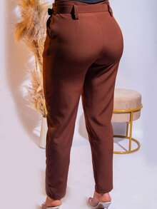 Women's Tailored Trousers With Elegant Buckle Belt And Pocket, Skinny High Waist - 鏽棕色 - 查看 2