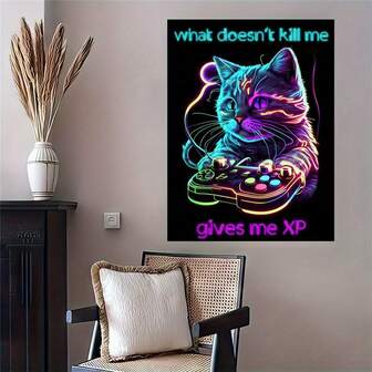 1 pieza Póster de neón divertido de gatos jugando a juegos, pintura de arte moderno en lienzo para dormitorio, sala de estar, pasillo, regalo ideal, arte de pared, decoración de pared, decoración de otoño, decoración de habitación, sin marco